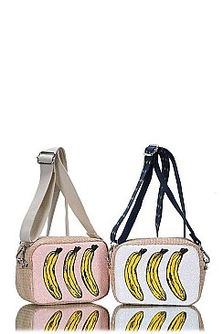 NATURAL WOVEN TRIPLE BANANA PRINT CROSSBODY BAG JYBGS-81786