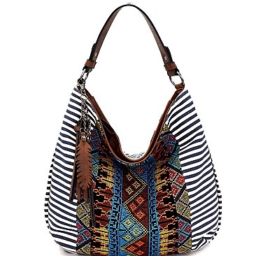 BGS15828-LP MMS Aztec & Stripe Print Leaf Charm Single Strap Hobo