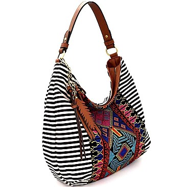 BGS15828-LP MMS Aztec & Stripe Print Leaf Charm Single Strap Hobo