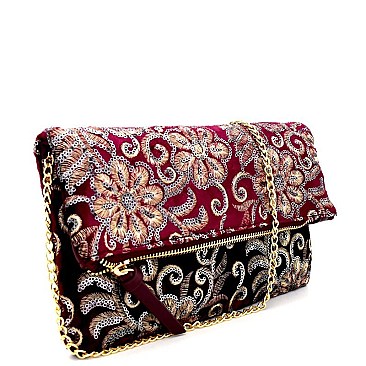 BGS2573-LP Sequin Embellished Fold-Over Antique Embroidered Velvet Clutch