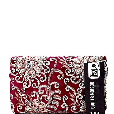 BGS2573-LP Sequin Embellished Fold-Over Antique Embroidered Velvet Clutch