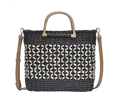TRENDY TWO TONE STRAW DESIGN HANDLE TOTE BAG