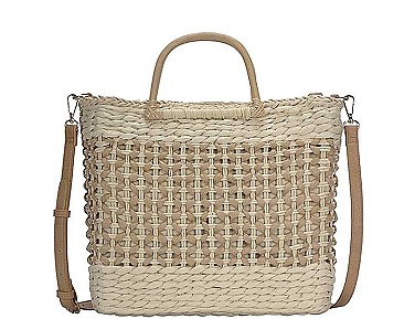 TRENDY TWO TONE STRAW DESIGN HANDLE TOTE BAG