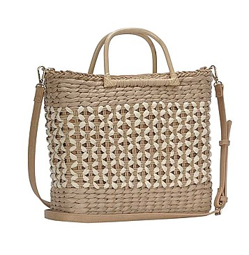 TRENDY TWO TONE STRAW DESIGN HANDLE TOTE BAG