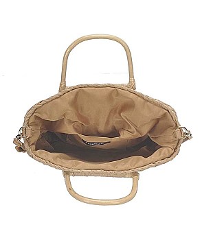 TRENDY TWO TONE STRAW DESIGN HANDLE TOTE BAG