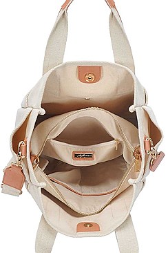 2IN1 DESIGNER CANVAS FABRIC SATCHEL WITH LONG STRAP
