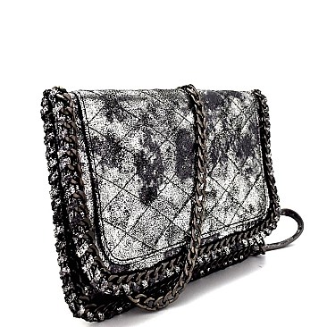 BGW48830-LP Madison West Hematite Chain Accent Quilted Clutch Cross Body