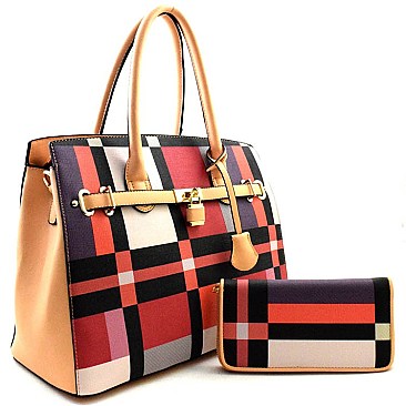 Colorful Plaid Print Structured Large Tote SET WITH WALLET
