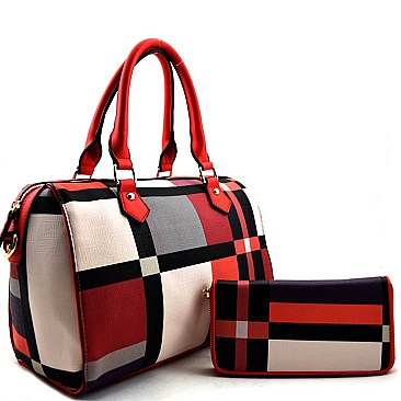 Multi Color Plaid Print Boston Satchel SET WITH WALLET