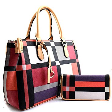 Plaid Print Multi Compartment Tote SET With Wallet