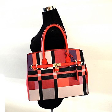 Colorful Plaid Print Structured Large Tote SET WITH WALLET