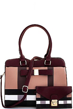 2 IN 1 COLOR BLOCK CHECK SATCHEL WITH CLUTCH