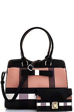 2 IN 1 COLOR BLOCK CHECK SATCHEL WITH CLUTCH