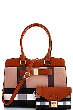 2 IN 1 COLOR BLOCK CHECK SATCHEL WITH CLUTCH