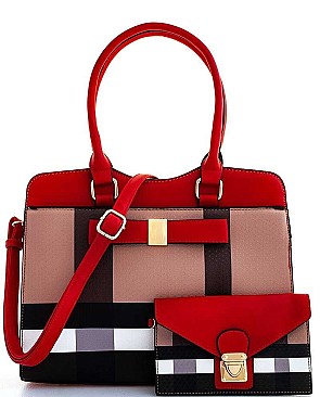 2 IN 1 COLOR BLOCK CHECK SATCHEL WITH CLUTCH