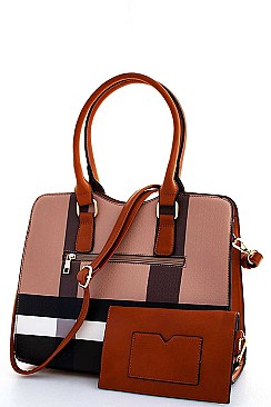 2 IN 1 COLOR BLOCK CHECK SATCHEL WITH CLUTCH