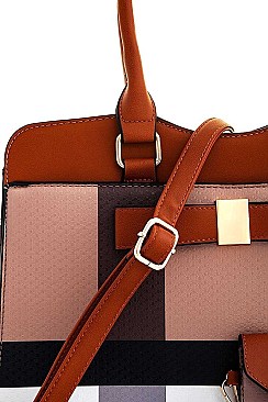 2 IN 1 COLOR BLOCK CHECK SATCHEL WITH CLUTCH