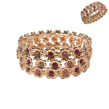 FASHION 3 LINE FLOWER STRETCH BRACELET W/ STONES SLBL071
