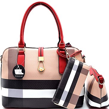 [S]BL1020-LP Checker Plaid Print Hoop Closure 3 in 1 Satchel SET