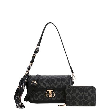 wholesale Scarfed Oval Print Shoulder Bag & Wallet Set bk