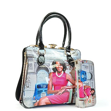 Michelle Obama Rhinestone Closure Satchel & Wallet Set Handbag