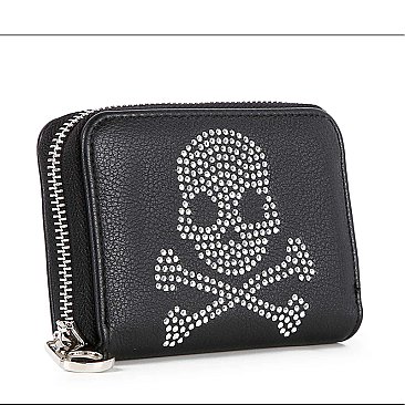 Rhinestone Skull Design Petite Zip Around Wallet