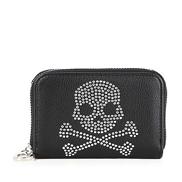 Rhinestone Skull Design Petite Zip Around Wallet