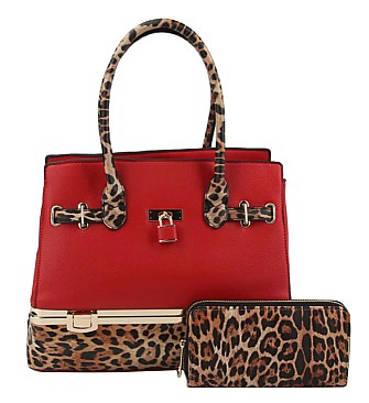 2-in-1 Leopard Compartment Padlock Boxy Satchel