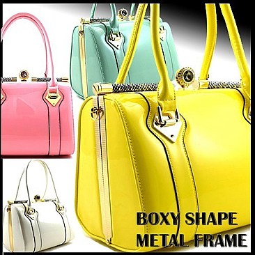 Jewel-top Patent BOXY SHAPE FRAME Satchel