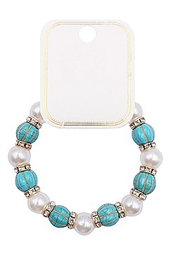 PACK OF 12 Turquoise and Pearl BEADS STRETCH BRACELETS SET