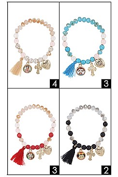 PACK OF 12 TRENDY ASSORTED COLOR CROSS MULTI CHARM STRETCH FRIDA BRACELET