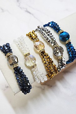 Pack of 12 Three Rows Oval Center Mix Bead Stretch Bracelets Set