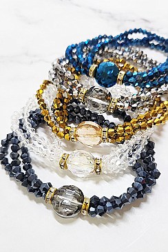 Pack of 12 Three Rows Oval Center Mix Bead Stretch Bracelets Set