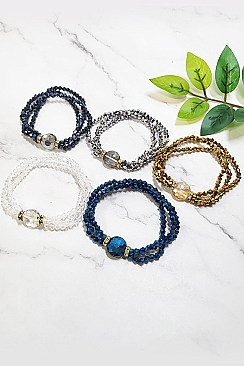 Pack of 12 Three Rows Oval Center Mix Bead Stretch Bracelets Set