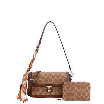 Scarfed Oval Print Shoulder Bag & Wallet Set brown