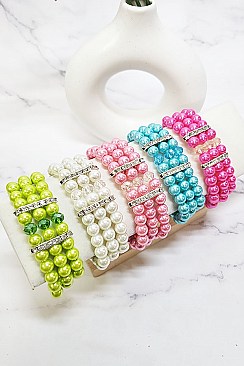 Pack of 12 Triple Pearl Strand Stretch Bracelet Set