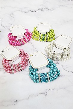 Pack of 12 Triple Pearl Strand Stretch Bracelet Set