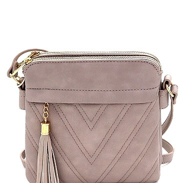 Tassel Accent Chevron Quilted 3-Compartment Cross Body