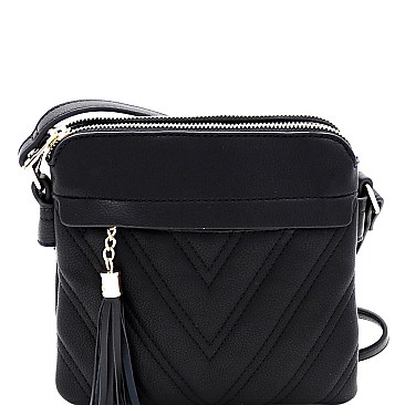 Tassel Accent Chevron Quilted 3-Compartment Cross Body