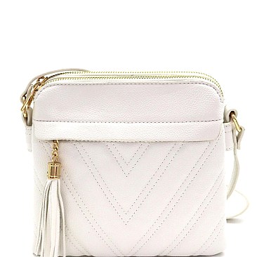 Tassel Accent Chevron Quilted 3-Compartment Cross Body