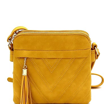 Tassel Accent Chevron Quilted 3-Compartment Cross Body