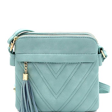 Tassel Accent Chevron Quilted 3-Compartment Cross Body