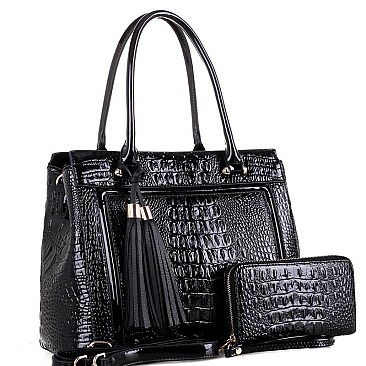 CROCODILE SATCHEL WALLET SET WITH TASSEL