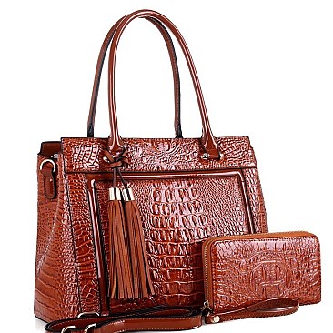 CROCODILE SATCHEL WALLET SET WITH TASSEL