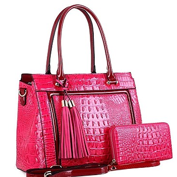CROCODILE SATCHEL WALLET SET WITH TASSEL