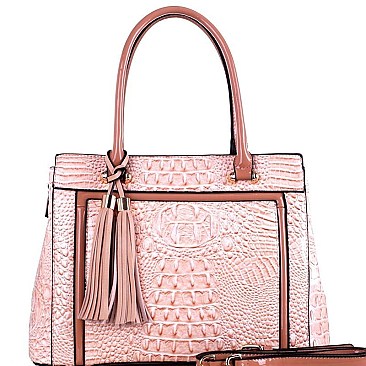 CROCODILE SATCHEL WALLET SET WITH TASSEL