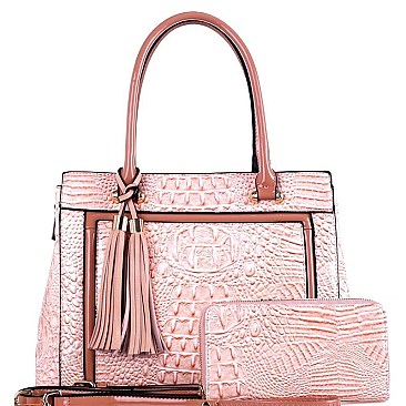 CROCODILE SATCHEL WALLET SET WITH TASSEL