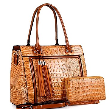 CROCODILE SATCHEL WALLET SET WITH TASSEL