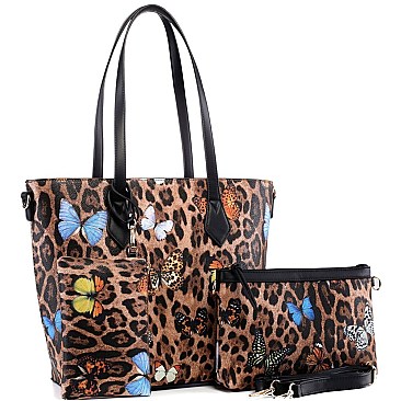 3 in 1 Butterfly Leopard Print Tote Cross Body Value SET