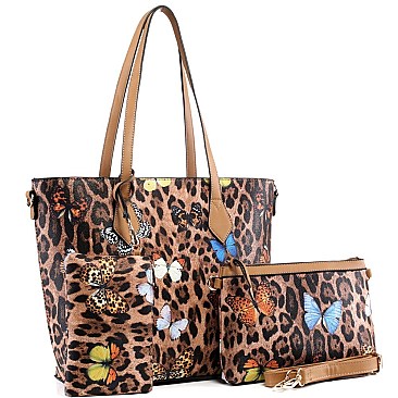 3 in 1 Butterfly Leopard Print Tote Cross Body Value SET